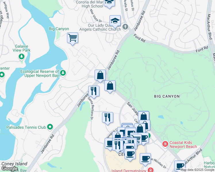 map of restaurants, bars, coffee shops, grocery stores, and more near 44 San Joaquin Plaza in Newport Beach