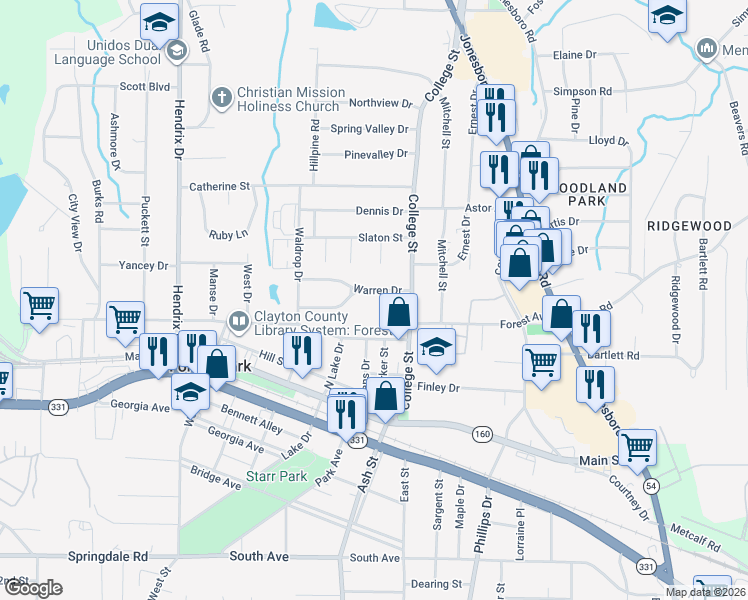 map of restaurants, bars, coffee shops, grocery stores, and more near 4777 College Street in Forest Park