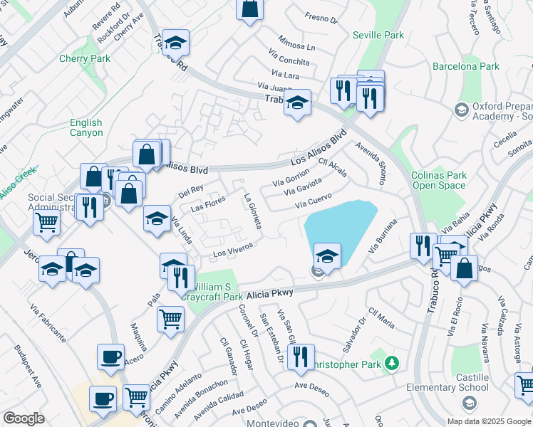 map of restaurants, bars, coffee shops, grocery stores, and more near 23281 Vía Mirlo in Mission Viejo