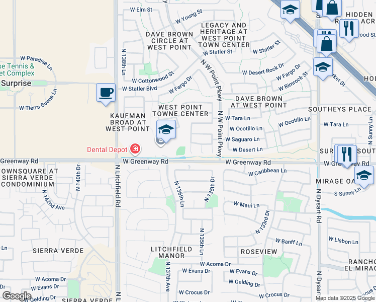 map of restaurants, bars, coffee shops, grocery stores, and more near 15492 North 136th Lane in Surprise