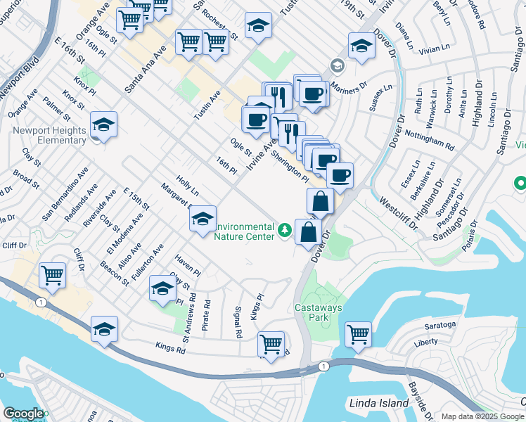 map of restaurants, bars, coffee shops, grocery stores, and more near 1950 East 16th Street in Newport Beach