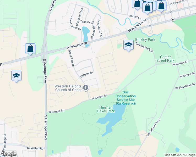 map of restaurants, bars, coffee shops, grocery stores, and more near 605 Shellbrooke Lane in Sherman