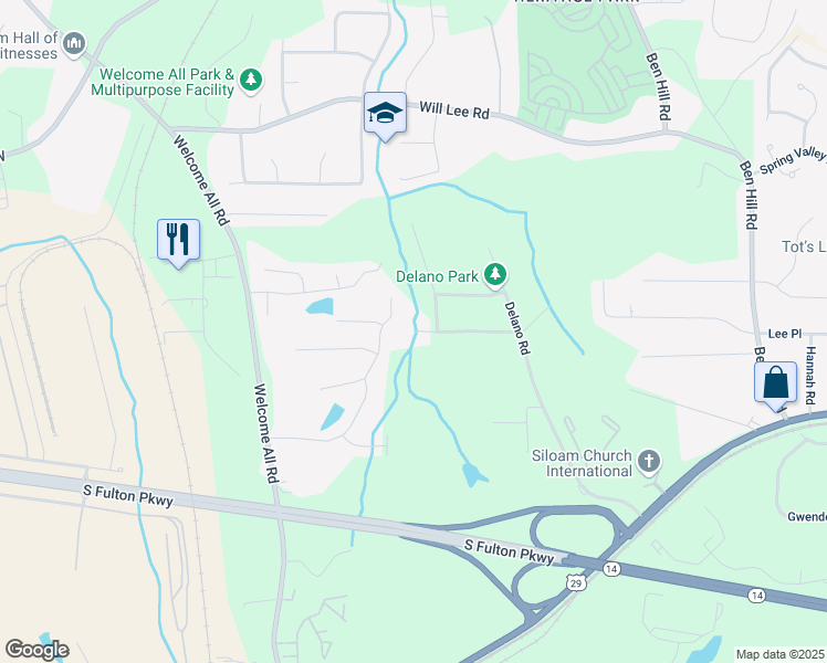 map of restaurants, bars, coffee shops, grocery stores, and more near 6475 Church Street Southwest in Atlanta