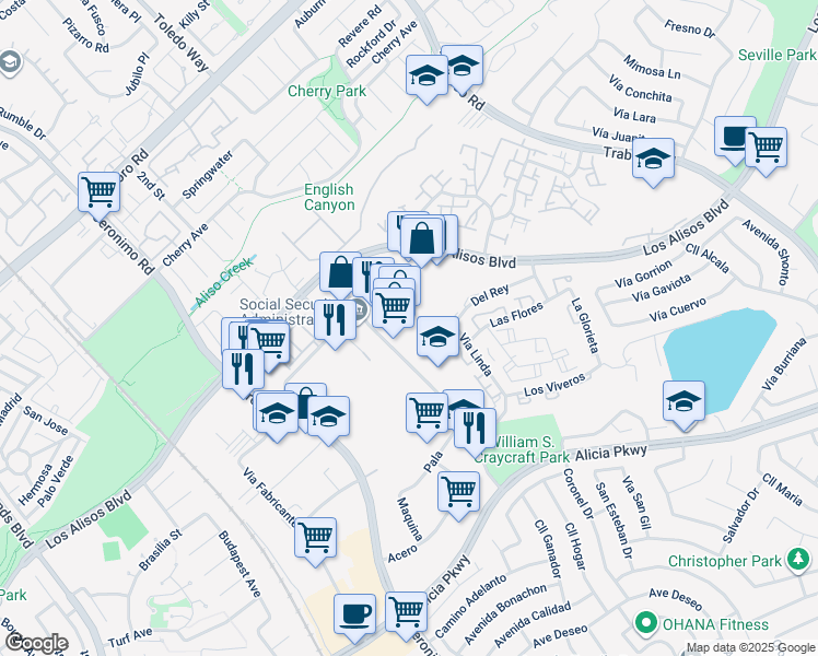 map of restaurants, bars, coffee shops, grocery stores, and more near 23390 Madero in Mission Viejo
