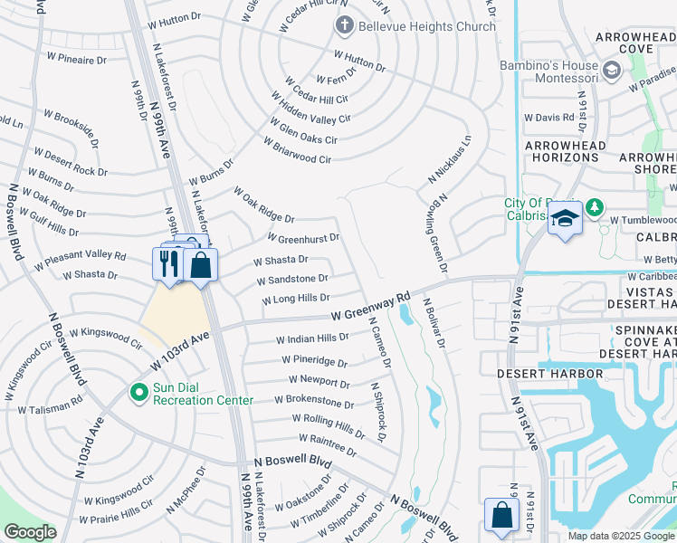 map of restaurants, bars, coffee shops, grocery stores, and more near 9413 West Sandstone Drive in Sun City