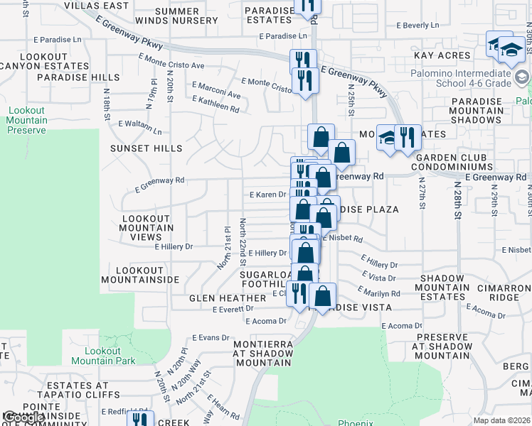 map of restaurants, bars, coffee shops, grocery stores, and more near 2231 East Janice Way in Phoenix