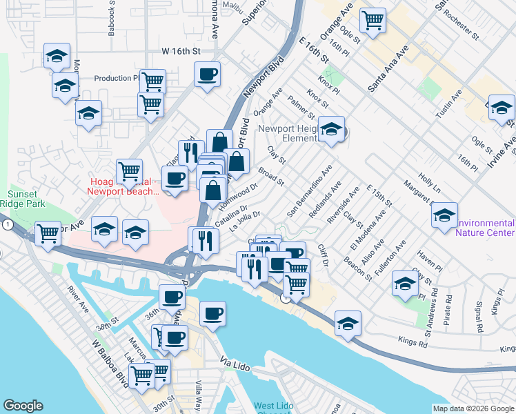 map of restaurants, bars, coffee shops, grocery stores, and more near 330 La Jolla Drive in Newport Beach