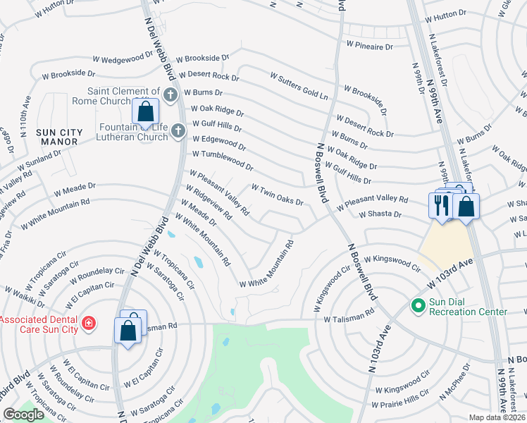 map of restaurants, bars, coffee shops, grocery stores, and more near 10326 West Charter Oak Drive in Sun City