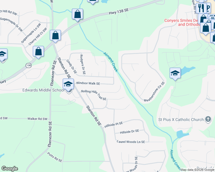 map of restaurants, bars, coffee shops, grocery stores, and more near 369 Windsor Walk Southeast in Conyers