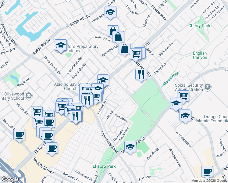 map of restaurants, bars, coffee shops, grocery stores, and more near 23222 Orange Avenue in Lake Forest