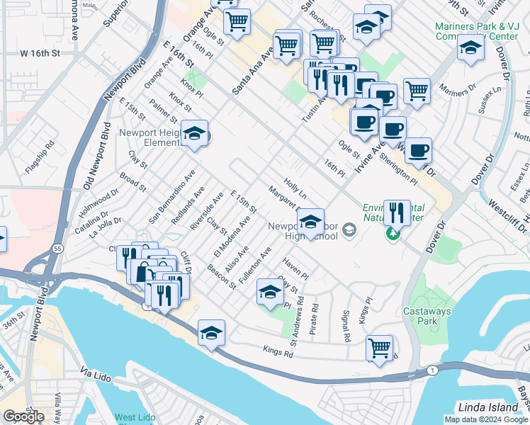 map of restaurants, bars, coffee shops, grocery stores, and more near 601 Powell Place in Newport Beach