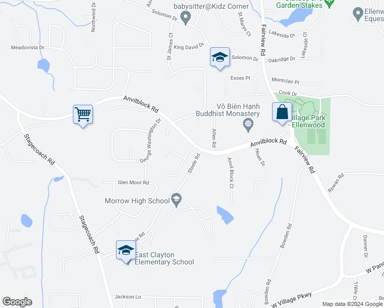 map of restaurants, bars, coffee shops, grocery stores, and more near 4754 Clayton Crossing Lane in Ellenwood