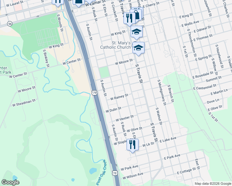 map of restaurants, bars, coffee shops, grocery stores, and more near 323 West Rainey Street in Sherman