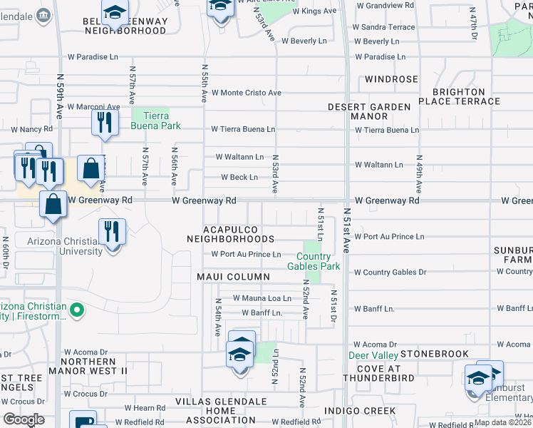 map of restaurants, bars, coffee shops, grocery stores, and more near 15253 North 53rd Avenue in Glendale