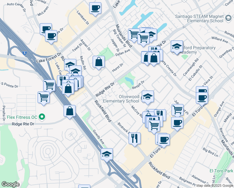 map of restaurants, bars, coffee shops, grocery stores, and more near 24121 Grayston Drive in Lake Forest