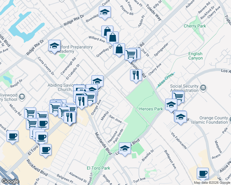 map of restaurants, bars, coffee shops, grocery stores, and more near 23218 Whisler Drive in Lake Forest