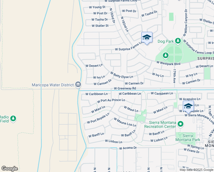 map of restaurants, bars, coffee shops, grocery stores, and more near 18406 West Caribbean Lane in Surprise