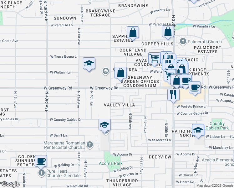map of restaurants, bars, coffee shops, grocery stores, and more near 3845 West Caribbean Lane in Phoenix