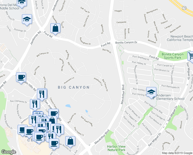 map of restaurants, bars, coffee shops, grocery stores, and more near 5 Pinehurst Lane in Newport Beach