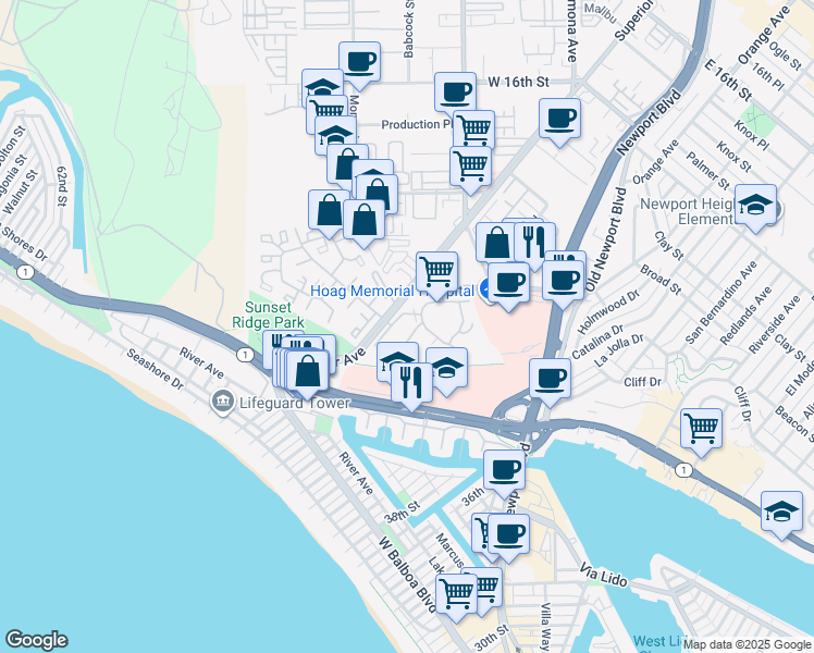 map of restaurants, bars, coffee shops, grocery stores, and more near 220 Nice Lane in Newport Beach