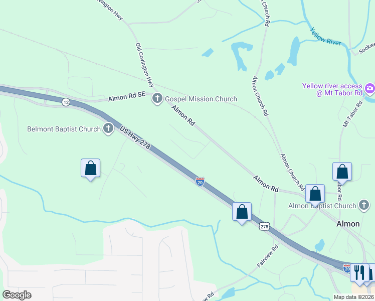 map of restaurants, bars, coffee shops, grocery stores, and more near 140 Providence Parkway in Covington