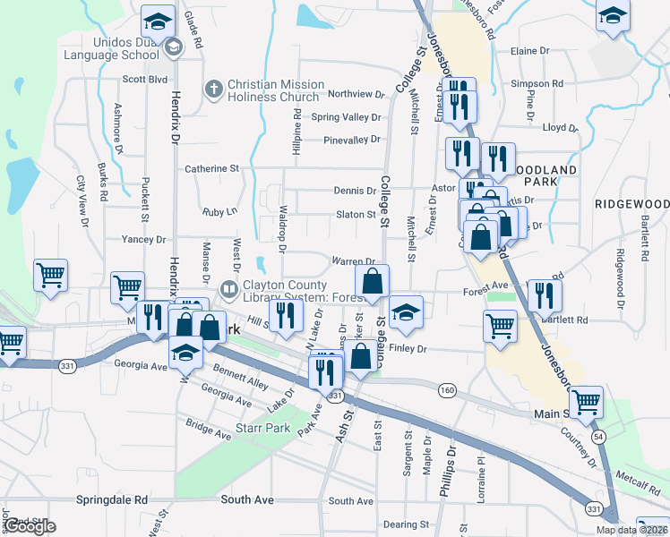 map of restaurants, bars, coffee shops, grocery stores, and more near 815 Elizabeth Drive in Forest Park