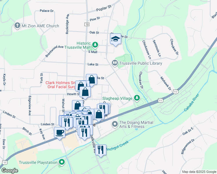 map of restaurants, bars, coffee shops, grocery stores, and more near 614 Penny Lane in Trussville
