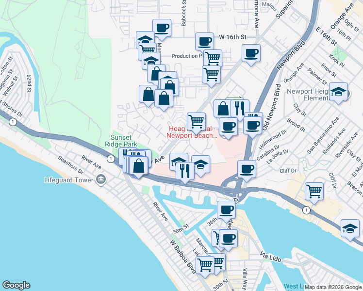 map of restaurants, bars, coffee shops, grocery stores, and more near 240 Nice Lane in Newport Beach