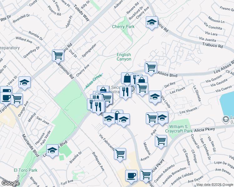 map of restaurants, bars, coffee shops, grocery stores, and more near 17 Harrison Way in Mission Viejo