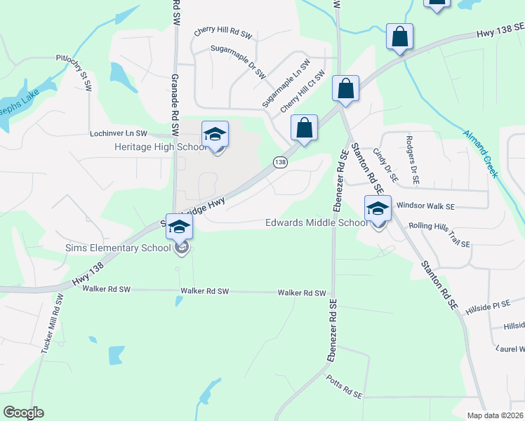 map of restaurants, bars, coffee shops, grocery stores, and more near 2523 Nugget Drive Southwest in Conyers
