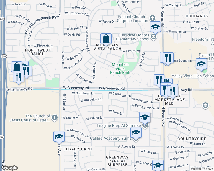 map of restaurants, bars, coffee shops, grocery stores, and more near 15849 West Carmen Drive in Surprise