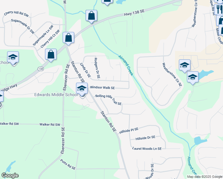 map of restaurants, bars, coffee shops, grocery stores, and more near 1660 Rolling Hills Trail Southeast in Conyers