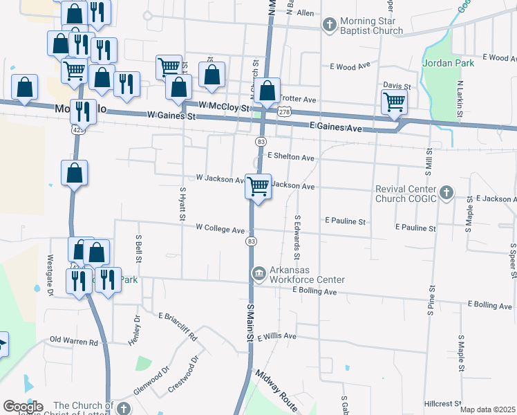 map of restaurants, bars, coffee shops, grocery stores, and more near 351 South Main Street in Monticello
