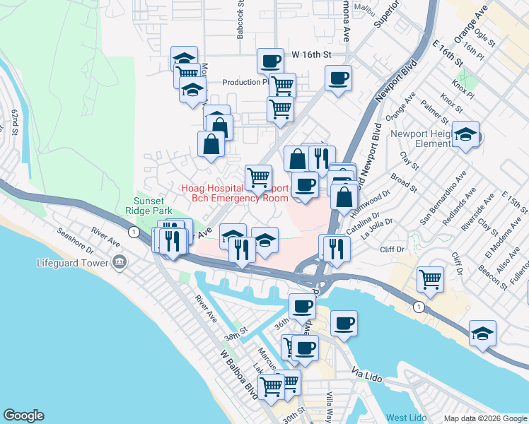 map of restaurants, bars, coffee shops, grocery stores, and more near 102 Scholz Plaza in Newport Beach