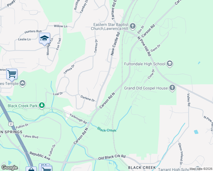 map of restaurants, bars, coffee shops, grocery stores, and more near 2723 New Castle Road in Birmingham