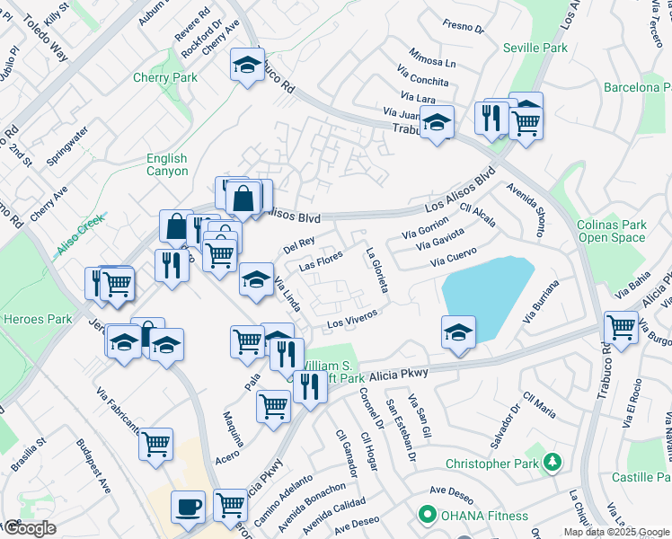 map of restaurants, bars, coffee shops, grocery stores, and more near in Mission Viejo
