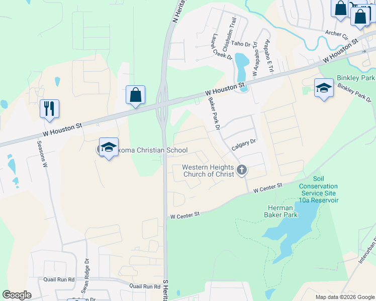 map of restaurants, bars, coffee shops, grocery stores, and more near 301 South Heritage Parkway in Sherman