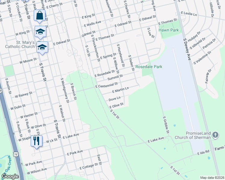 map of restaurants, bars, coffee shops, grocery stores, and more near 702 East Martin Lane in Sherman