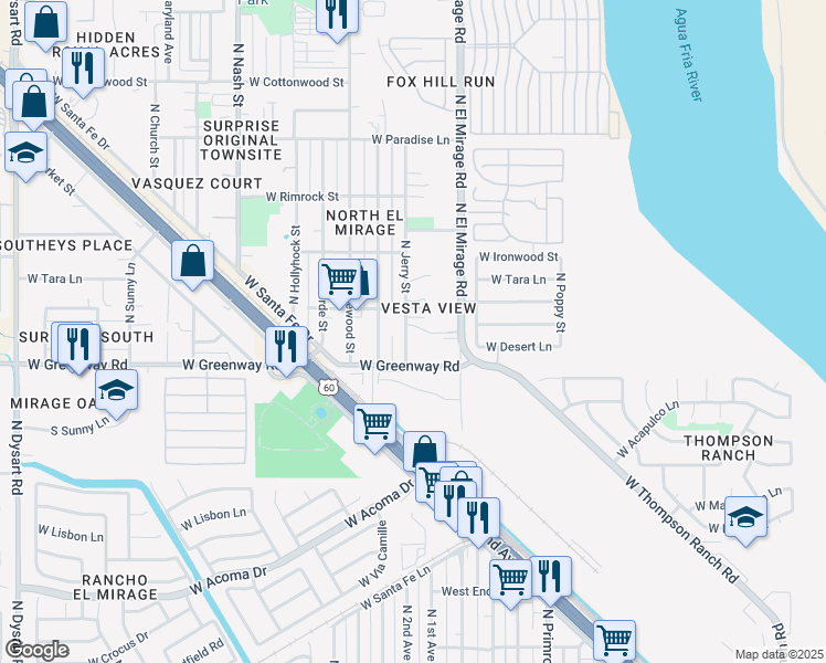 map of restaurants, bars, coffee shops, grocery stores, and more near 15427 North Jerry Street in Surprise