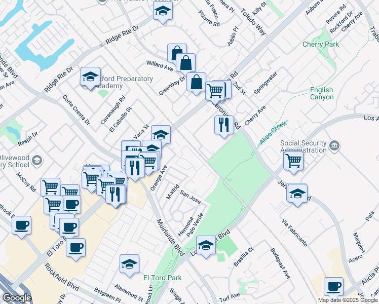map of restaurants, bars, coffee shops, grocery stores, and more near 23214 Orange Avenue in Lake Forest