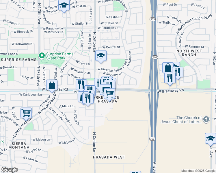 map of restaurants, bars, coffee shops, grocery stores, and more near 17029 West Carmen Drive in Surprise
