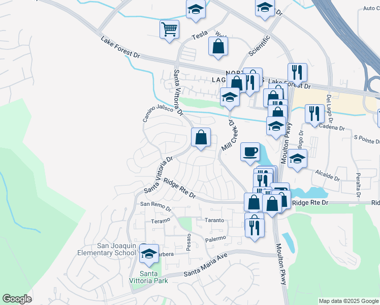 map of restaurants, bars, coffee shops, grocery stores, and more near 23261 Caminito Andreta in Laguna Hills