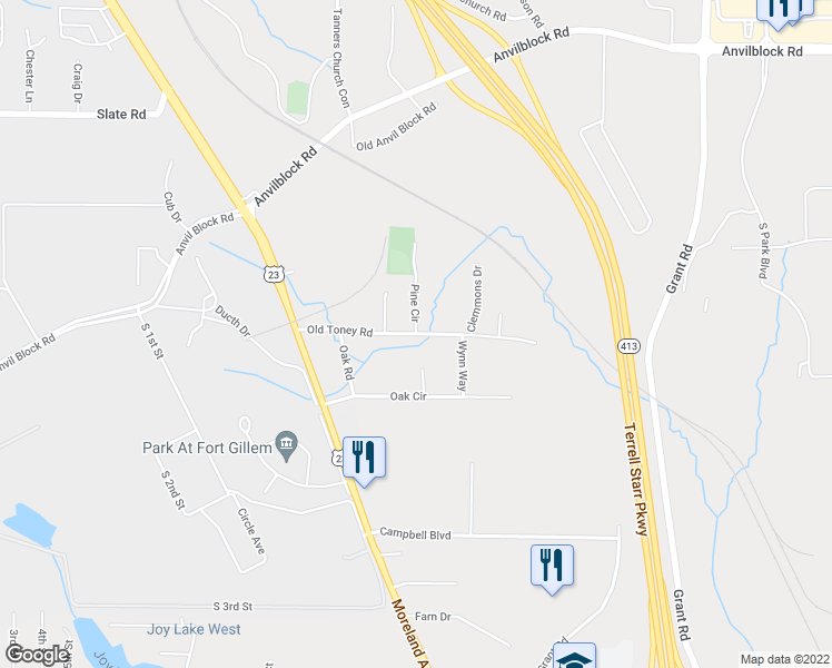 map of restaurants, bars, coffee shops, grocery stores, and more near Old Toney Road in Clayton County