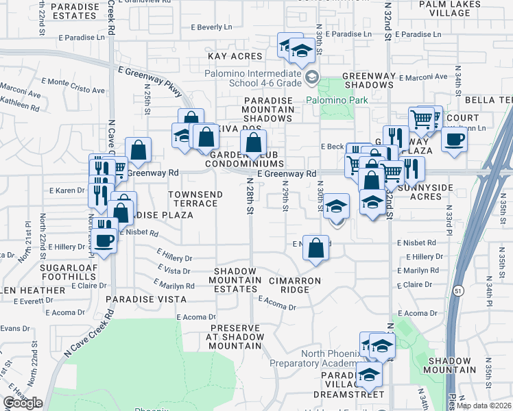 map of restaurants, bars, coffee shops, grocery stores, and more near 15041 North 28th Street in Phoenix