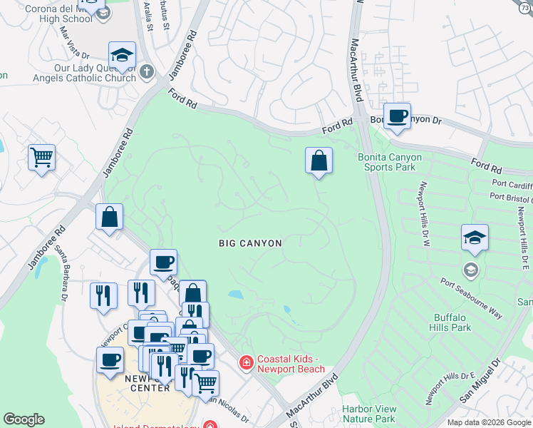 map of restaurants, bars, coffee shops, grocery stores, and more near 25 Inverness Lane in Newport Beach