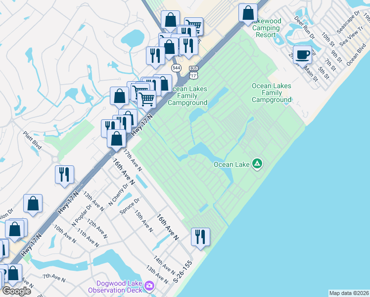 map of restaurants, bars, coffee shops, grocery stores, and more near 136 Dick Pond Drive in Myrtle Beach
