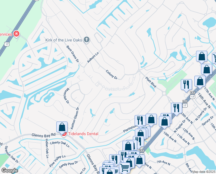 map of restaurants, bars, coffee shops, grocery stores, and more near 223 Double Eagle Drive in Myrtle Beach