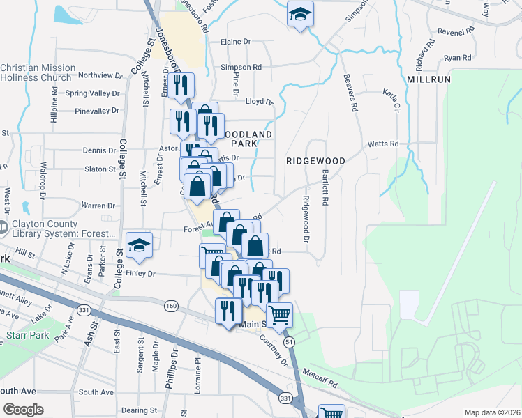 map of restaurants, bars, coffee shops, grocery stores, and more near 1137 Watts Road in Forest Park