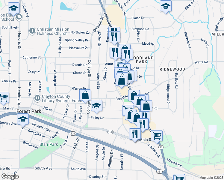 map of restaurants, bars, coffee shops, grocery stores, and more near 1012 Forest Avenue in Forest Park