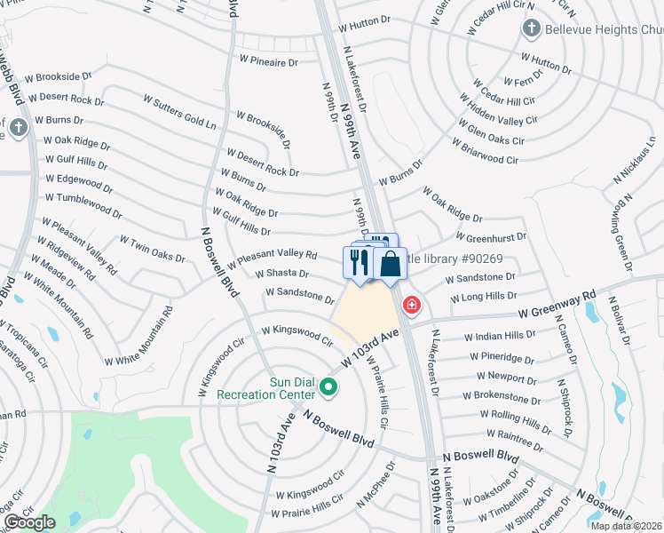map of restaurants, bars, coffee shops, grocery stores, and more near 9902 West Shasta Drive in Sun City